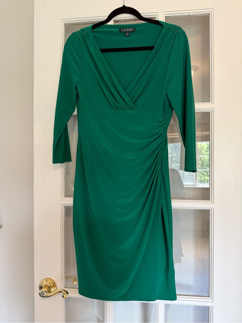 Ralph Lauren Emerald Green V-Neck Ruched Midi Dress